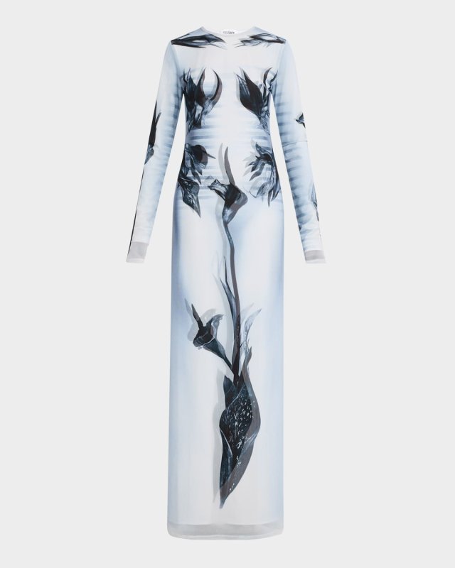 Flower Body Morphing Mariniere-Print Layered Mesh Maxi Dress